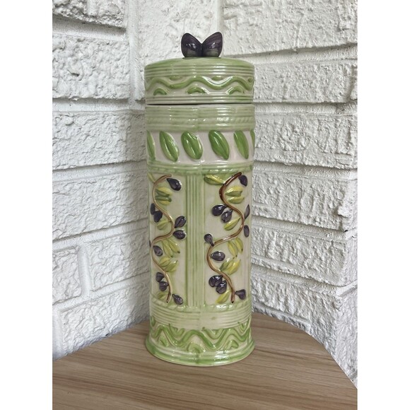 VTG Italian Oval Ceramic Pasta Spaghetti Canister Jar 3-D Olives Tall Lidded - Picture 1 of 12